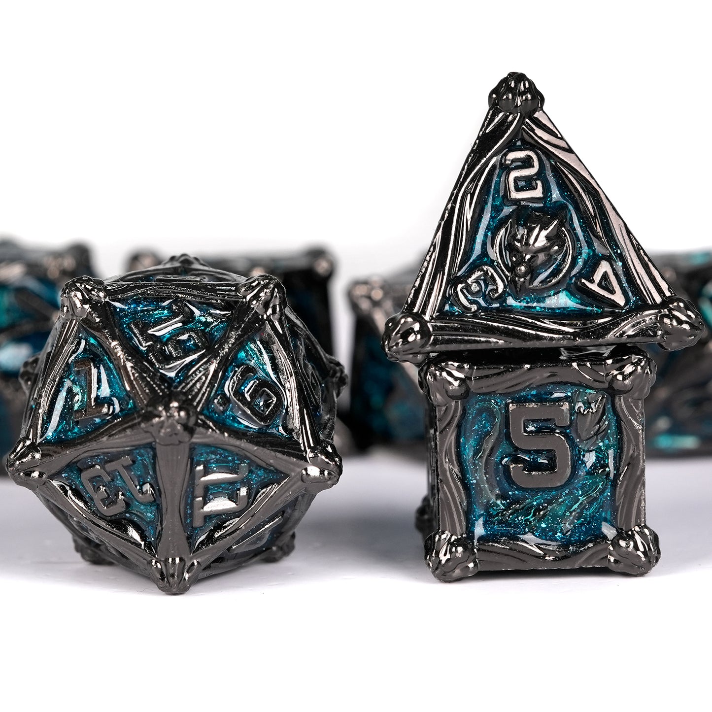 Metal Solid Dragon And Warrior Dice Set, Black Nickel Blue