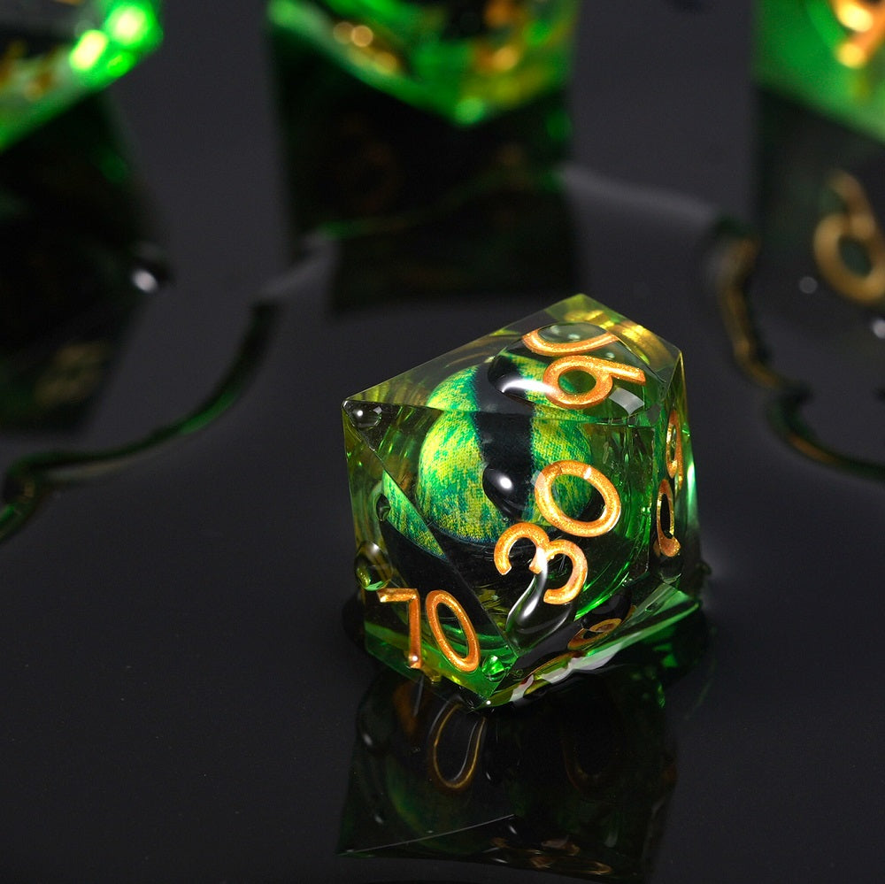 Dragon's Eye Resin Dice Set, Green + Golden Numbers