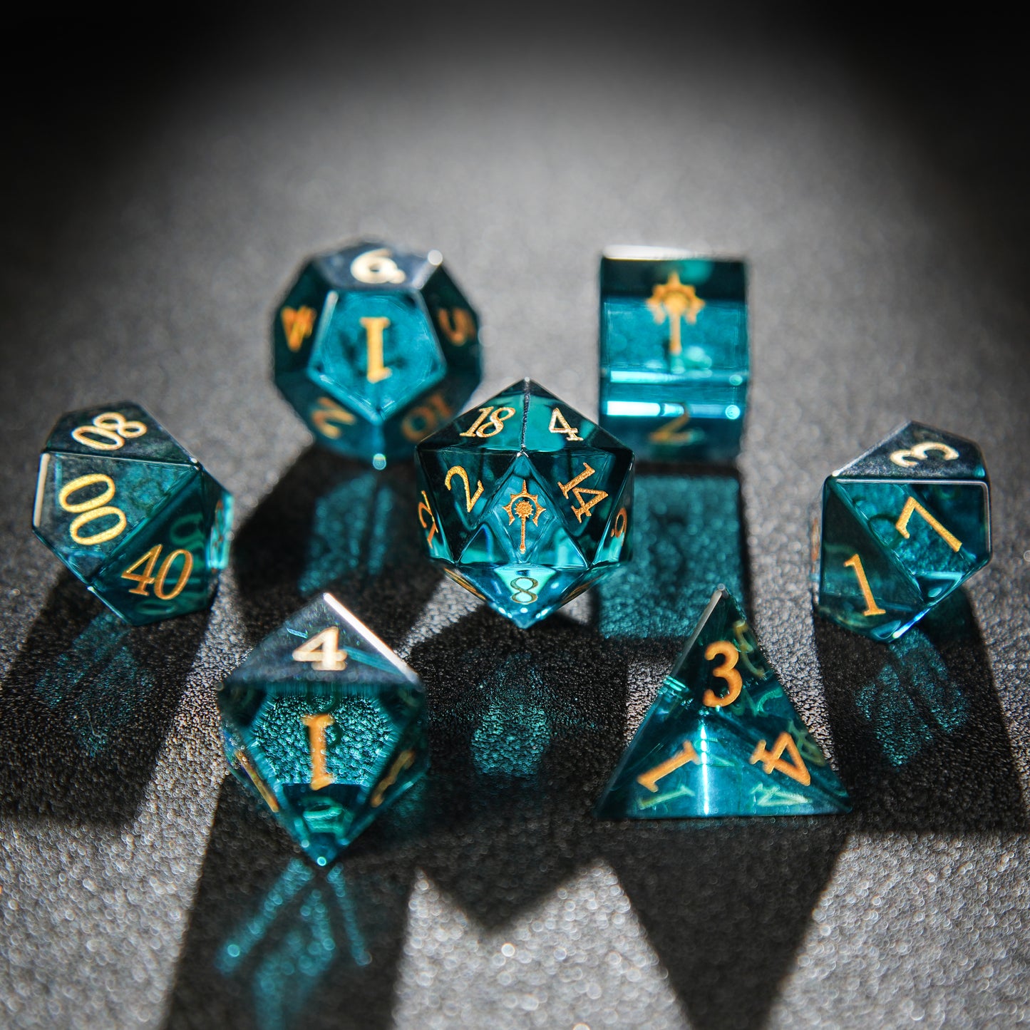 Colored Blue Gemstone + Golden  Numbers  D&D Dice Set