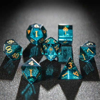 Colored Blue Gemstone + Golden  Numbers  D&D Dice Set