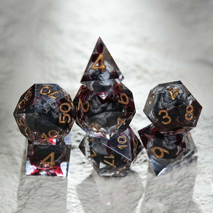 Skull Core Resin Dice Set, Black Bloodstain + Golden Numbers