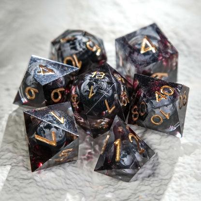 Skull Core Resin Dice Set, Black Bloodstain + Golden Numbers