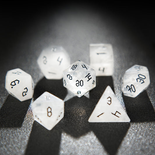 White crystal Gemstone+Black Numbers D&D Dice Set