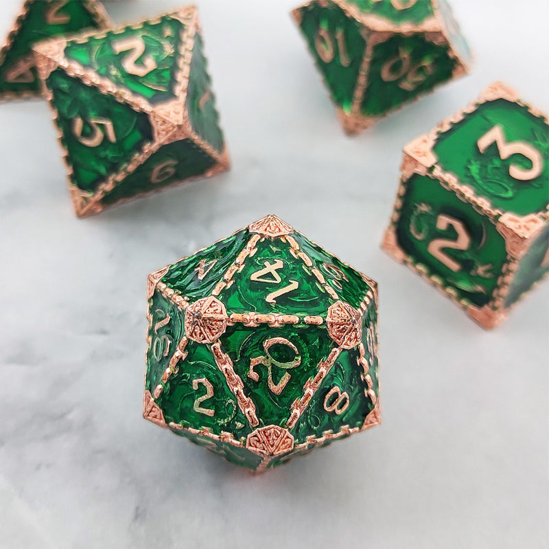 Copper Green Metal Solid Dragon Dice Set