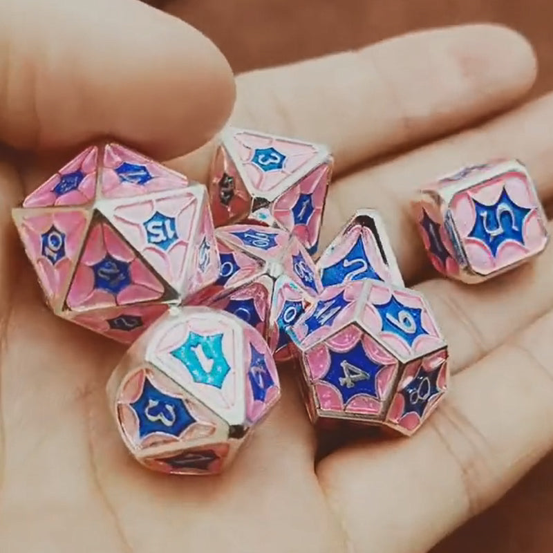 Pink Blue Metal Solid Petal Pattern Dice Set