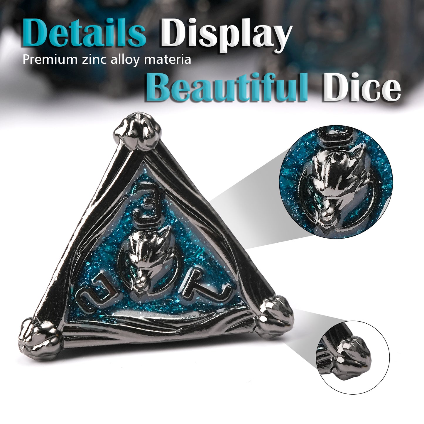 Metal Solid Dragon And Warrior Dice Set, Black Nickel Blue