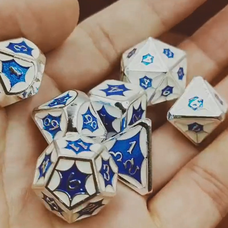 White Blue Metal Solid Petal Pattern Dice Set