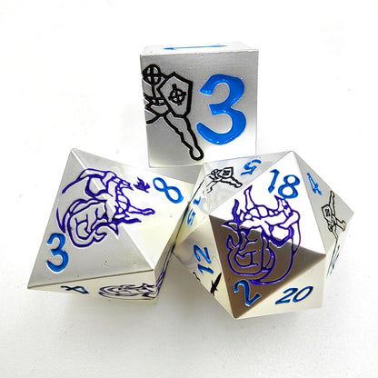 Metal Solid Dragon Fighter Dice Set, Silver + Blue Numbers