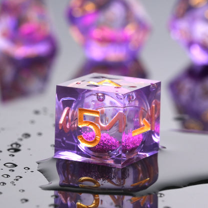 Liquid Core Resin Dice Set, Purple + Golden Numbers