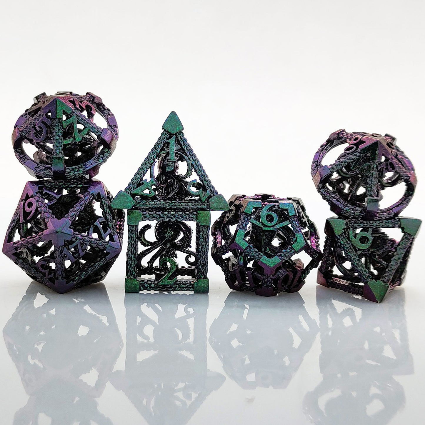 7Pcs Metal Hollow 3D Octopus Dice Set, Gradient Green Purple