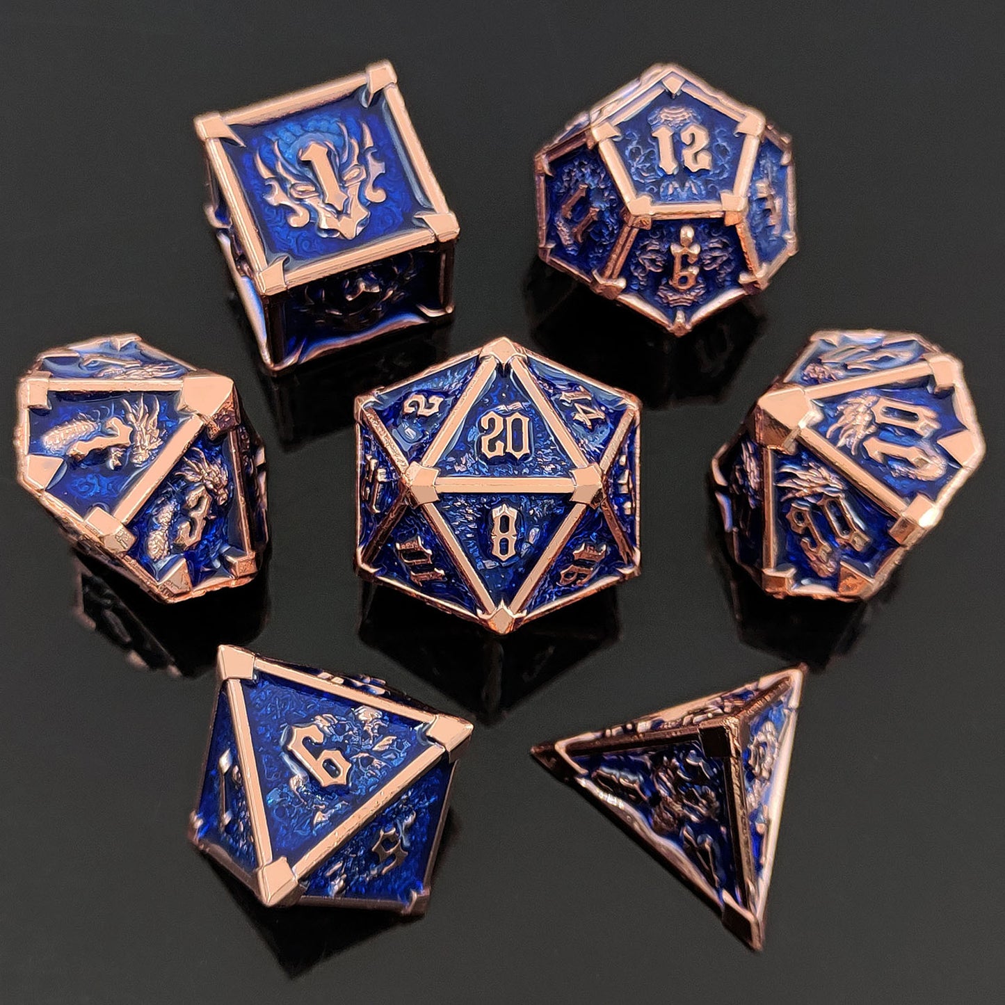 Metal Solid Star angle Dice Set, Copper Royal Blue