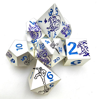 Metal Solid Dragon Fighter Dice Set, Silver + Blue Numbers