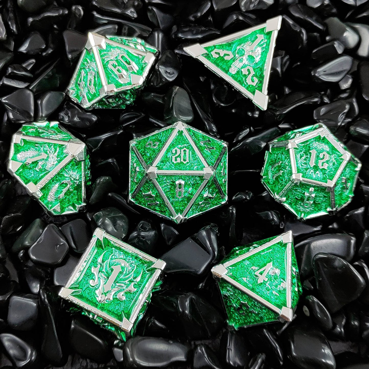 Metal Solid Star angle Dice Set, Silver Green
