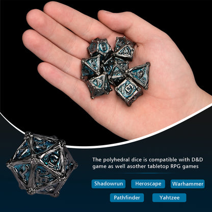 Metal Solid Dragon And Warrior Dice Set, Black Nickel Blue