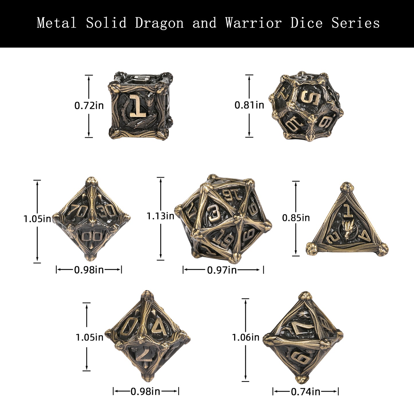 Jeu de dés dragon et guerrier en métal solide, noir nickel bleu 