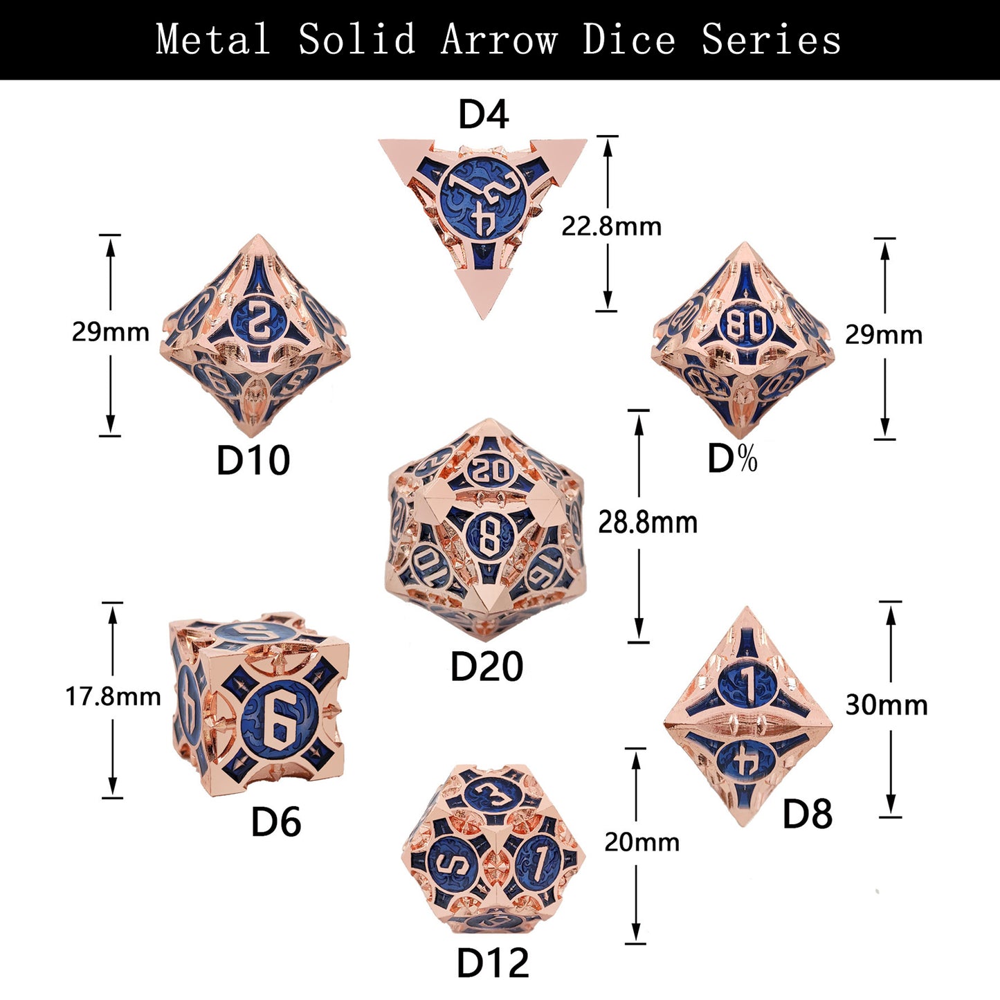 Metal Solid Arrow Dice Set, Many Colors