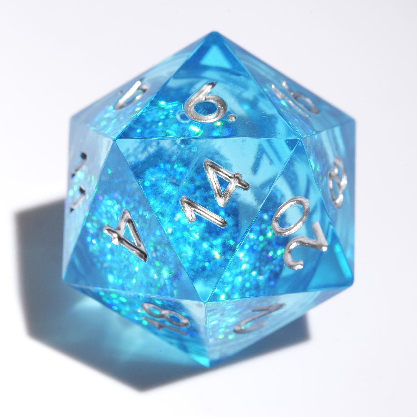 Liquid Core Resin Dice Set, Blue + Silver Numbers
