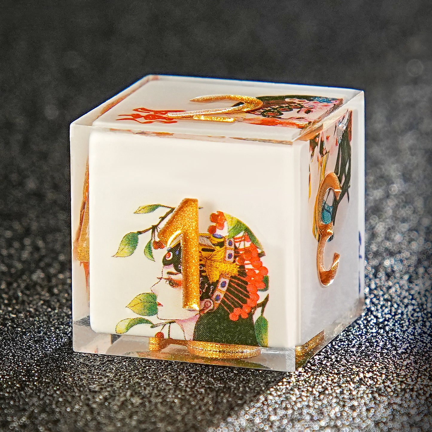 White Resin Solid Beijing opera Dice Set，Golden Numbers