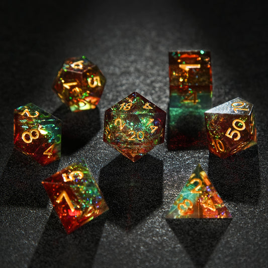 Sharp Edge Resin Dice Set, Brown Green + Golden Numbers