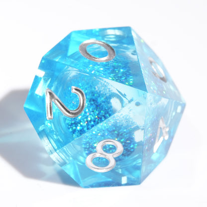 Liquid Core Resin Dice Set, Blue + Silver Numbers