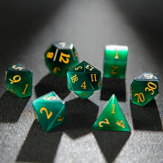 Green Gemstone+Golden Numbers D&D Dice Set