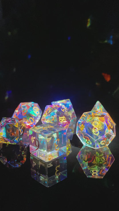 Colored Transparent Gemstone+Golden  Numbers  D&D Dice Set