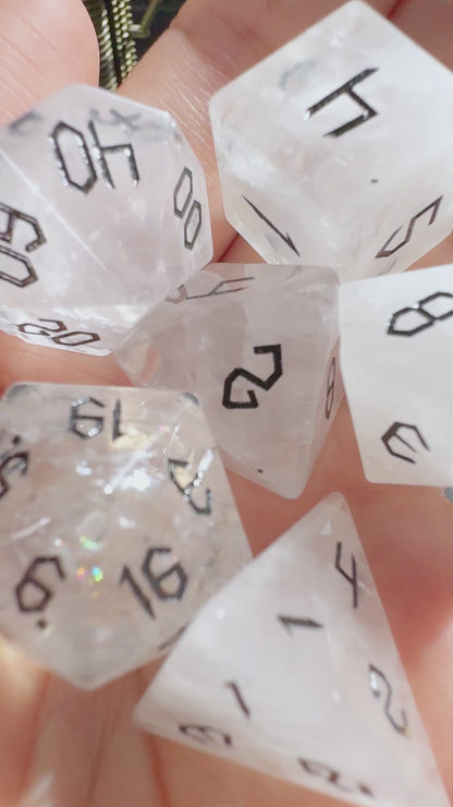 White crystal Gemstone+Black Numbers D&D Dice Set