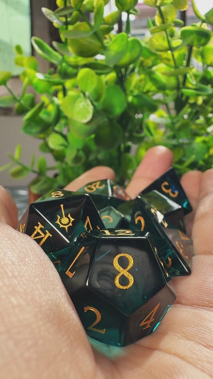 Colored Blue Gemstone + Golden  Numbers  D&D Dice Set