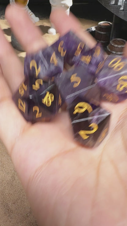 Purple Gemstone+Golden Numbers D&D Dice Set