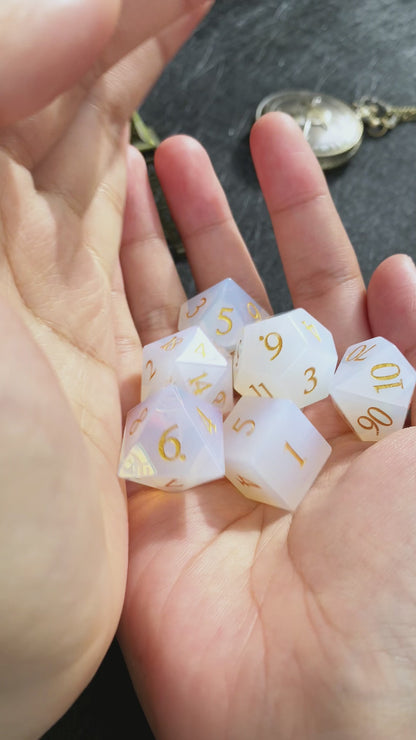 White Cat Eyes Gemstone+Golden Numbers D&D Dice Set