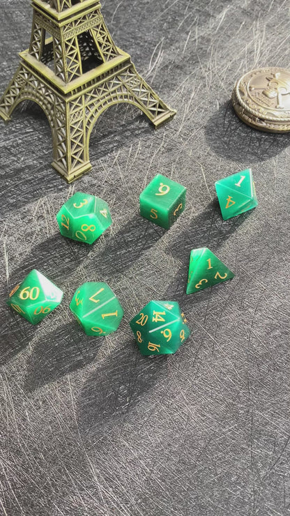 Green Gemstone+Golden Numbers D&D Dice Set